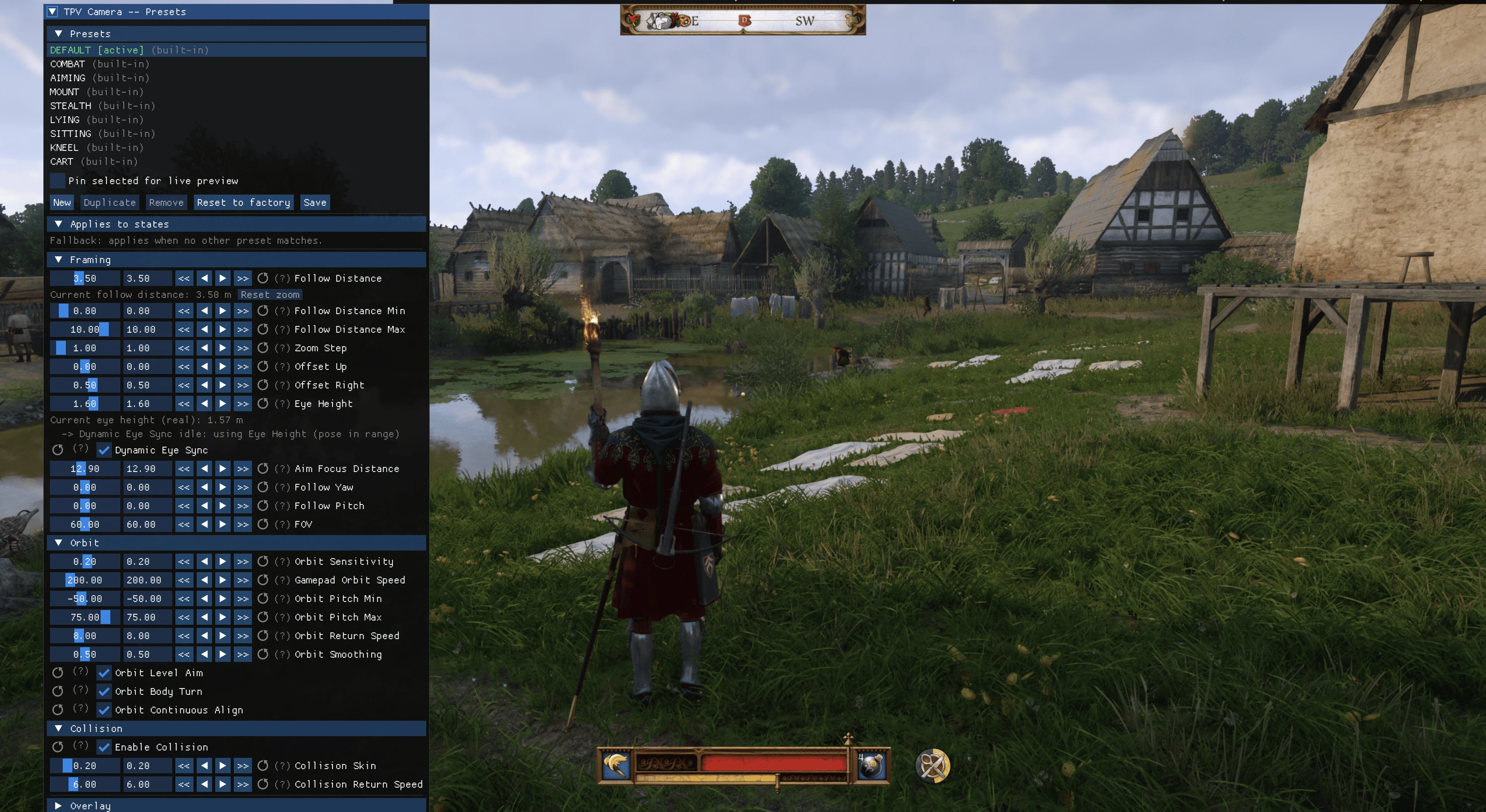 The preset manager, with every framing value editable while the game runs