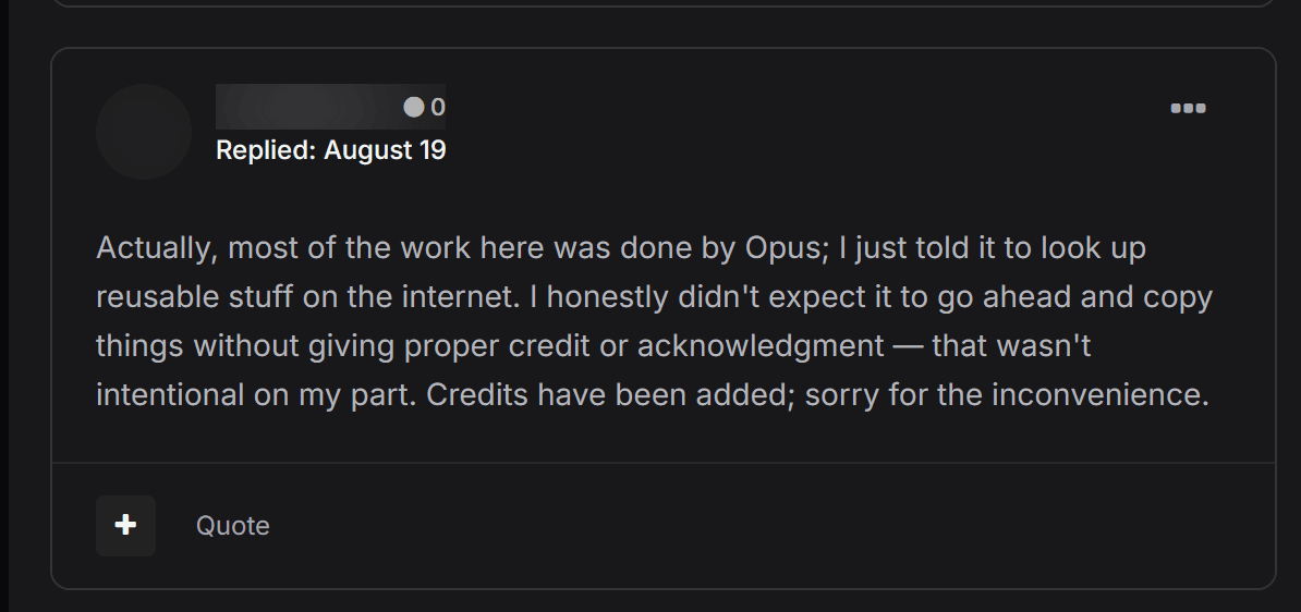The reply, after the credits went in. Count the semicolons.